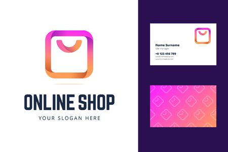 Logo and business card template for online shop, store. Shopping bag sign in modern gradient line style. Vector illustration for internet shopping.のイラスト素材