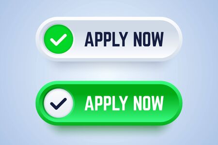 Apply now buttons in 3d gradient style. Two-colors options with checkmark sign. Vector illustration for web services, application or websites.のイラスト素材