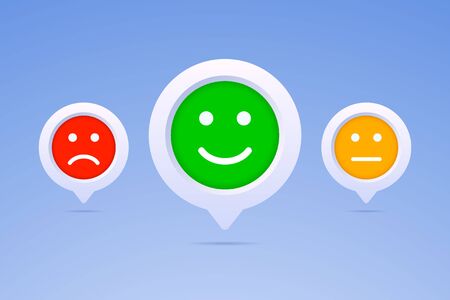 Color emoticons in three color options. Positive, neutral and negative smiles on 3d button. Vector illustration to indicate emotions.のイラスト素材