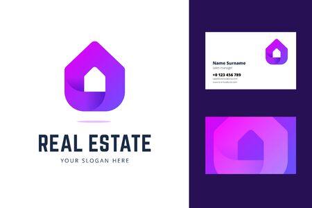 Logo and business card template for real estate, house rental services. Simple geometric house symbol in modern gradient line style. Vector illustration.のイラスト素材