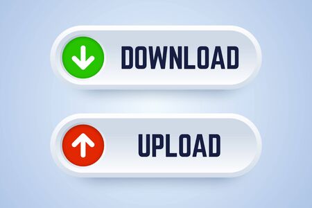 Download and upload button in 3d style with arrow symbols. Vector illustration for downloading and uploading documents.のイラスト素材