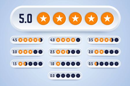 Set of rating labels with stars. 3d rating buttons from 0 to 5 stars. Vector illustration for review and testing.のイラスト素材
