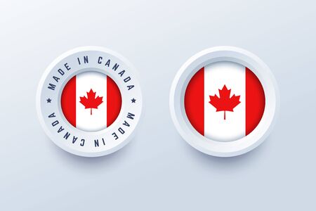 Made in Canada round label, badge, button, sticker with Canadian national flag. Vector illustration in 3d style for Canadian producers.のイラスト素材