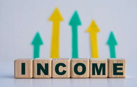 INCOME - word on wooden cubes on a light background with arrows upの写真素材