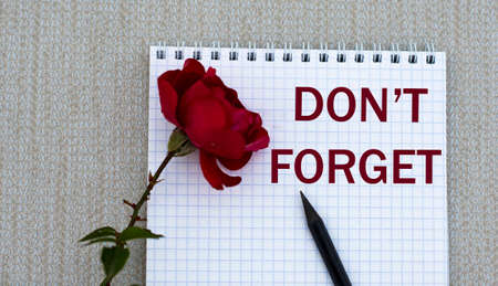 DON'T FORGET - words on a white sheet of paper with a red rose on a gray background. Info conceptの写真素材