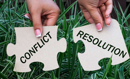 CONFLICT and RESOLUTION on fragments of a mosaic in the hands of a girl on a green backgroundの写真素材