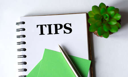 TIPS - word in a notebook with a pen, a green paper and a cactus on a white background