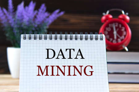 DATA MINING - words in a notebook against the background of books, alarm clock and lavender....