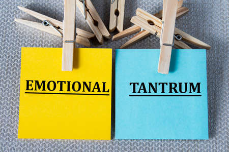 EMOTIONAL TANTRUM - words on multicolored writing paper on gray background with clothespins. Info conceptの写真素材