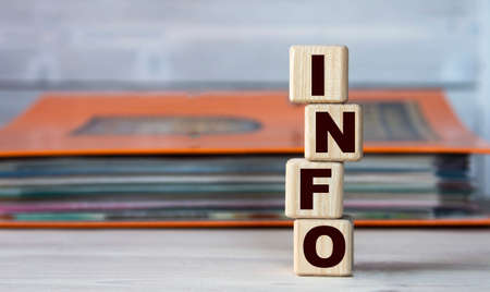 INFO - word on wooden cubes on the background of a folder with documentsの写真素材
