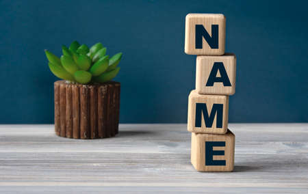 NAME - word on wooden cubes on the background of a cactus. NAME text on wooden table for your...