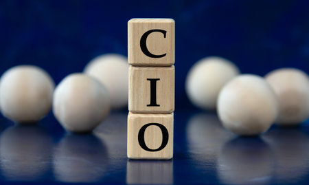 CIO (Chief Information Officer) - acronym on wooden cubes on a blue background with wooden balls. info conceptの写真素材