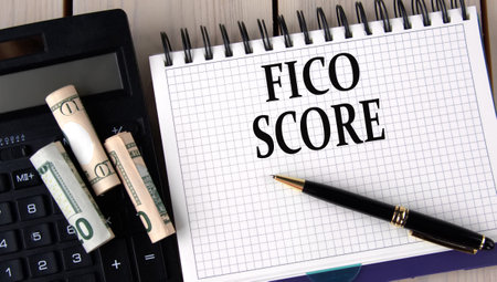 FICO SCORE - words in a notebook on the background of a calculator and banknotes. business conceptの写真素材