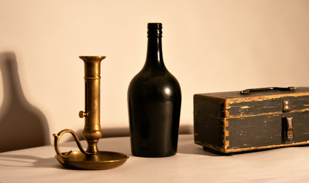 Still life with an antique box, a dark glass bottle and a bronze candlestick. Interesting play of shadow and lightの写真素材