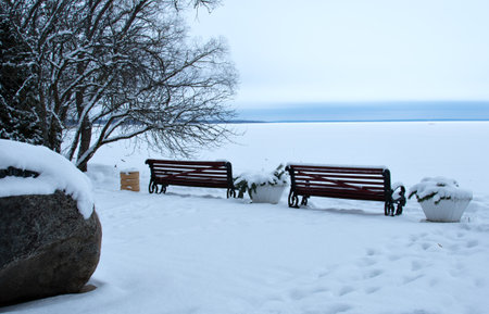 winter landscape. Snow-covered lake with wooden benches in the foregroundの写真素材