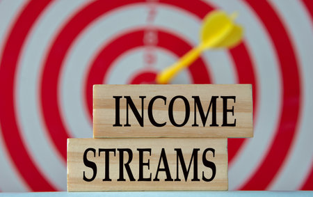 INCOME STREAMS - an abbreviation on wooden blocks against the background of a dartboard. info conceptの写真素材