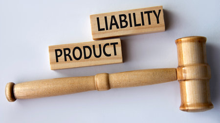 PRODUCT LIABILITY - words on wooden blocks on a white background with a judge's gavel.
