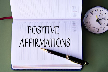 POSITIVE AFFIRMATIONS - words in a white notebook on a dark green background with a clockの写真素材