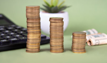 There is a stack of coins on the table. In the background there is a calculator, a cactus and...