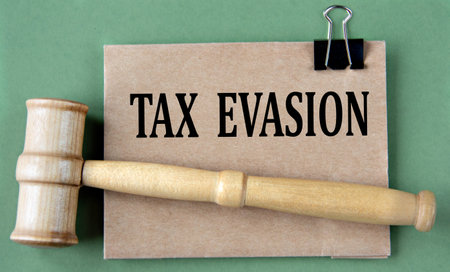 TAX evasion - words on brown paper on a green background with a judge's gavelの写真素材