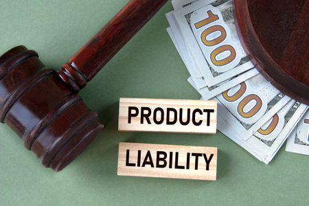PRODUCT LIABILITY - words on wooden blocks against the background of a judge's gavel and banknotes