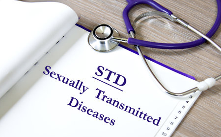 STD (Sexually Transmitted Diseases) - acronym on a white sheet against the background of a stethoscopeの写真素材