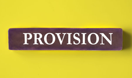 PROVISION - word on a wooden block close-up on a yellow background