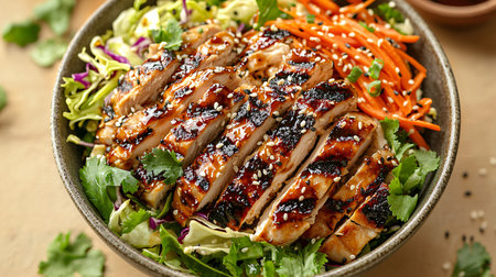 A vibrant and colorful Asian Sesame Chicken Salad, featuring juicy chicken meat, fresh vegetables, and a sprinkle of sesame seeds, served in a rustic bowl. This healthy, homemade dish is perfect for a nutritious meal, beautifully captured in photography that emphasizes freshness, taste, and the essence of Asian cuisine.の素材