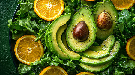 A vibrant and refreshing Avocado and Citrus Salad, featuring juicy slices of avocado and citrus fruits, complemented by fresh green leaves and vegetables. This colorful and healthy dish is beautifully plated and photographed to highlight its nourishment and appeal, perfect for a vegetarian or vegan lifestyle.の素材