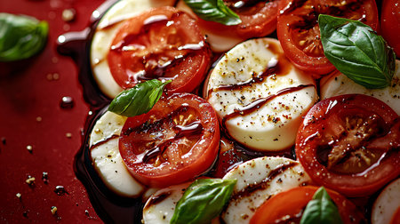 A classic and refreshing Caprese Salad, featuring ripe tomatoes, fresh mozzarella cheese, and fragrant basil leaves. This colorful and healthy dish, presented on a rustic plate, is captured in a vibrant, isolated image that highlights its simplicity and deliciousness, perfect for a healthy lifestyle.の素材
