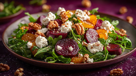 A vibrant Roasted Beet and Goat Cheese Salad featuring fresh, organic ingredients including juicy roasted beets, creamy goat cheese, and crisp lettuce. This colorful and flavorful dish is beautifully presented in a rustic style, perfect for healthy eating and a vegetarian lifestyle, emphasizing freshness and indulgence.の素材