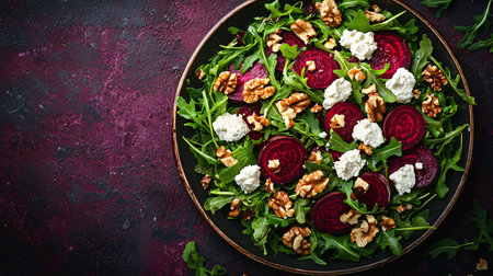 A vibrant Roasted Beet and Goat Cheese Salad featuring fresh, organic ingredients including juicy roasted beets, creamy goat cheese, and crisp lettuce. This colorful and flavorful dish is beautifully presented in a rustic style, perfect for healthy eating and a vegetarian lifestyle, emphasizing freshness and indulgence.の素材
