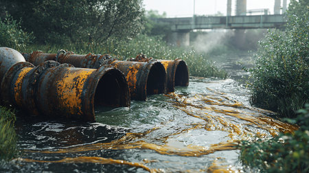 Industrial pipes releasing toxic wastewater into a river, causing severe water pollution, environmental damage, and contamination of the surrounding ecosystem.の素材