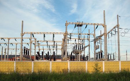 High-voltage electricity substationの写真素材