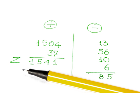 Pen lies on a sheet of paper with financial calculations. Expenses, receipts and profitsの写真素材