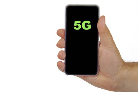 5G word written in a smartphone, white background, isolate.