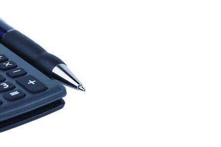 automatic pen and calculator on a white background, close upの写真素材
