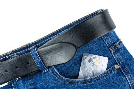 There is a credit card in his trouser pocket. All on a white background, isolateの写真素材