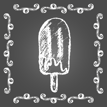 Chalk ice cream chocolate popsicle and vintage frame on gray background.のイラスト素材