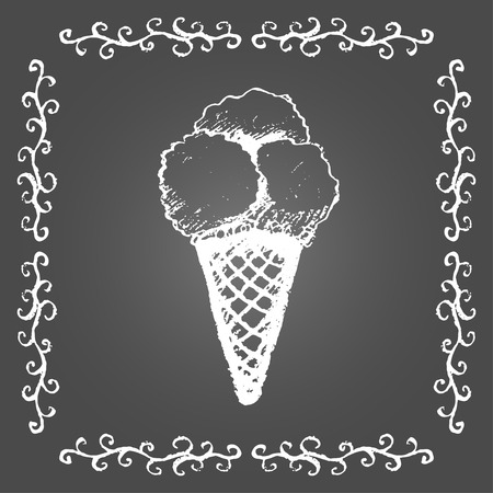 Chalk ice cream cone of three scoops and vintage frame on gray background.のイラスト素材