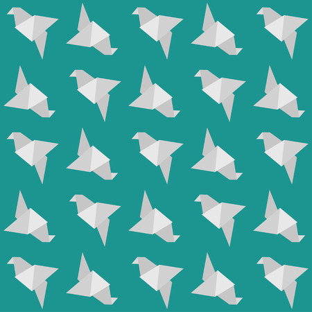 Origami bird seamless pattern. Gray on turquoise background.のイラスト素材