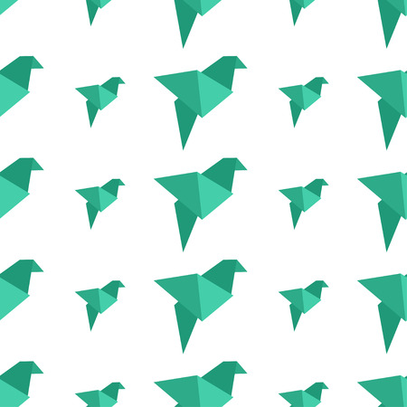 Origami bird seamless pattern. Green on white background.のイラスト素材