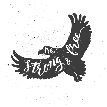 Lettering composition. Phrase Be strong and free inscribed into eagle silhouette. Ink splashes on white background.のイラスト素材
