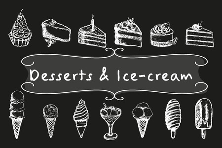 Chalk desserts and ice-cream illustrations set. White on dark background.のイラスト素材