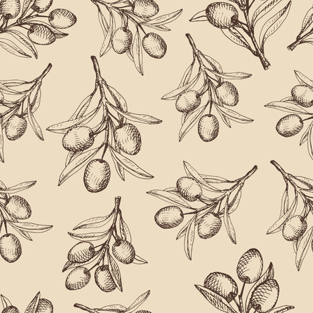 Olive branches seamless pattern. Sketch brown drawing on dark beige background.のイラスト素材