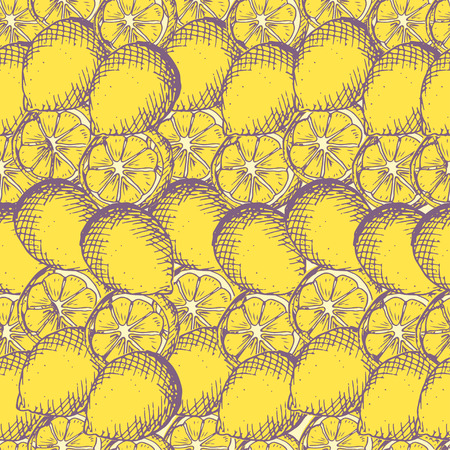 Hand-drawn lemon seamless pattern. Colorful sketch illustration.のイラスト素材