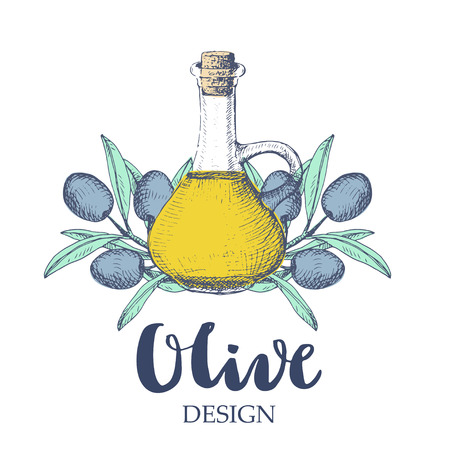 Olive design illustration. Oil bottle and olive branches on white background.のイラスト素材