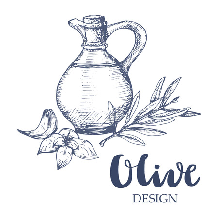 Olive bottle illustration. Oil bottle, olive branch, garlic and basil.のイラスト素材