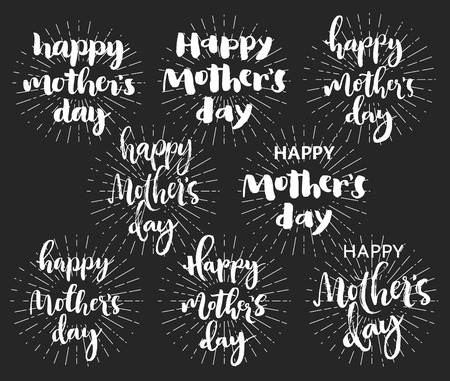 Happy mother's day chalk typography greeting cards set. White brush letters with rays on dark background.のイラスト素材