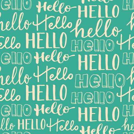 Hand-lettering seamless pattern. Word Hello in different styles. Beige letters on turquoise background.のイラスト素材